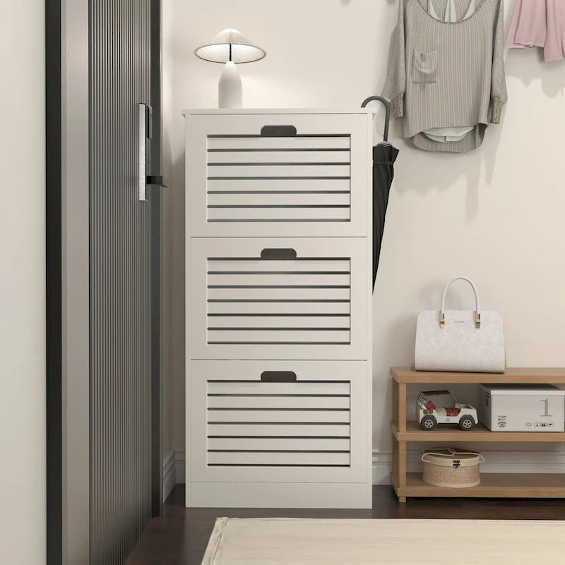 Scarpiera bianca con 3 ante a ribalta, monoposto, 20,94x9,45x43,11 in