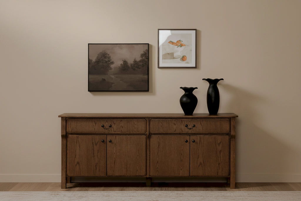 Credenza marrone caldo con cassetti, rovere massiccio, 2-4 posti a sedere