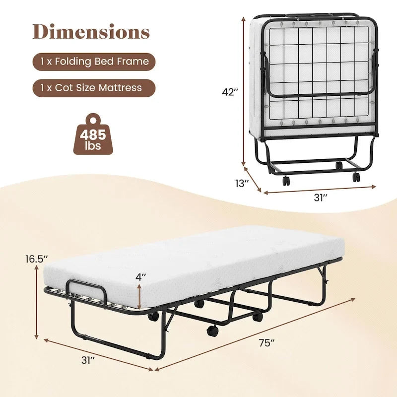 Lettino pieghevole Costway con materasso 188 x 79 cm, brandina per gli ospiti su ruote
