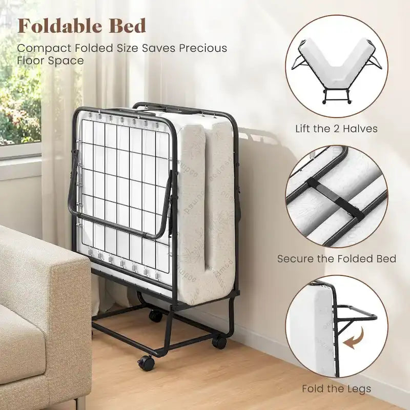 Lettino pieghevole Costway con materasso 188 x 79 cm, brandina per gli ospiti su ruote
