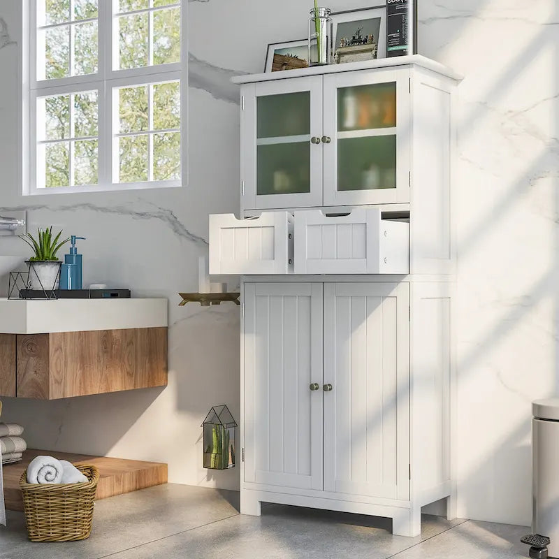 Armadietto a terra a 4 ante bianco/grigio/nero con 2 cassetti e ante in vetro, singolo