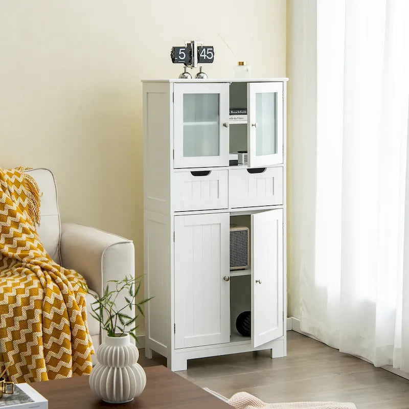 Armadietto a terra a 4 ante bianco/grigio/nero con 2 cassetti e ante in vetro, singolo