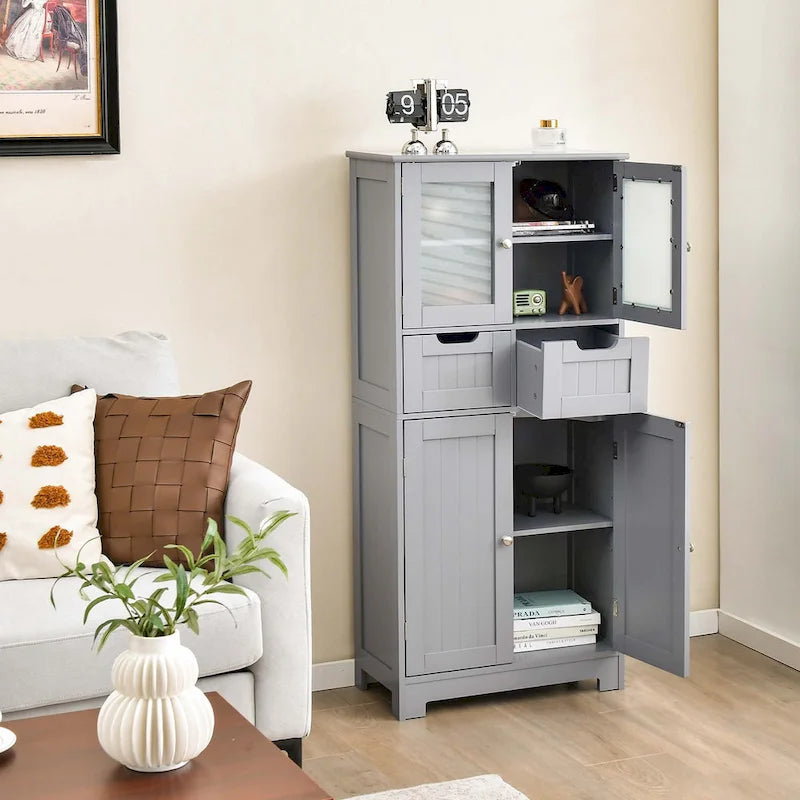 Armadietto a terra a 4 ante bianco/grigio/nero con 2 cassetti e ante in vetro, singolo