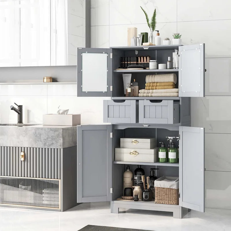 Armadietto a terra a 4 ante bianco/grigio/nero con 2 cassetti e ante in vetro, singolo