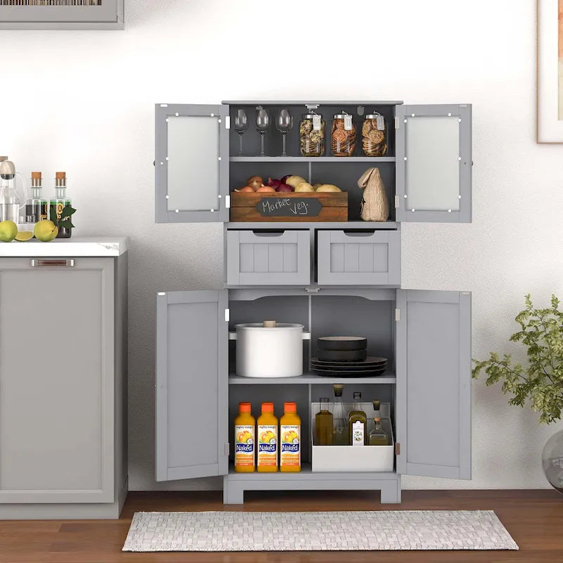Armadietto a terra a 4 ante bianco/grigio/nero con 2 cassetti e ante in vetro, singolo