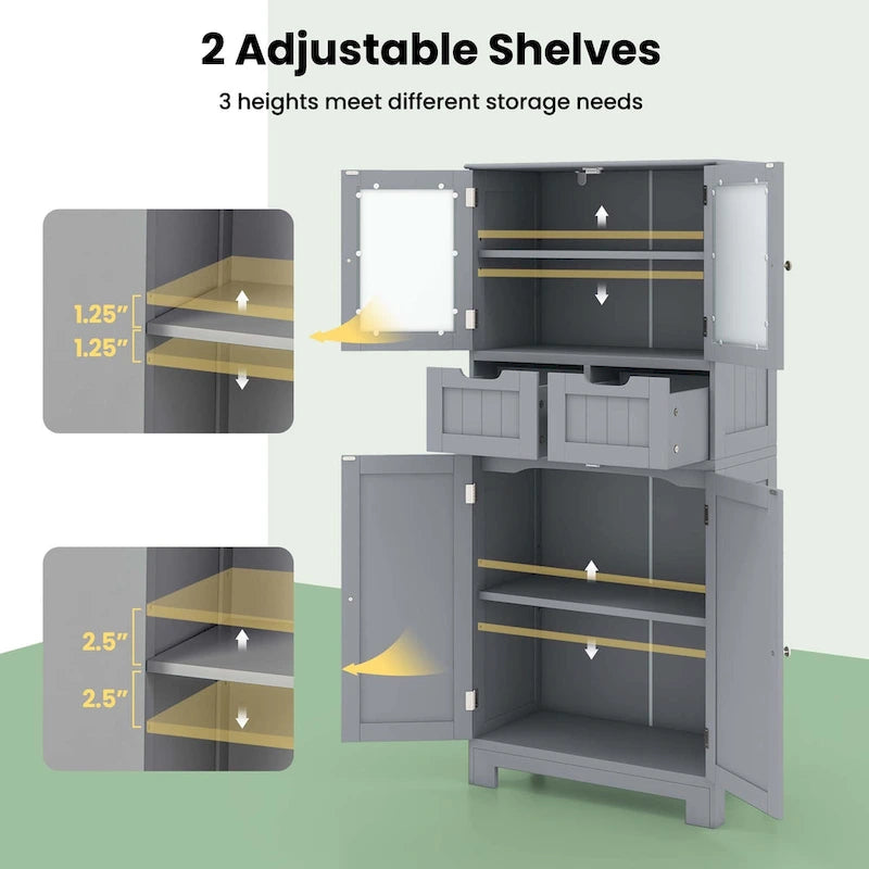 Armadietto a terra a 4 ante bianco/grigio/nero con 2 cassetti e ante in vetro, singolo