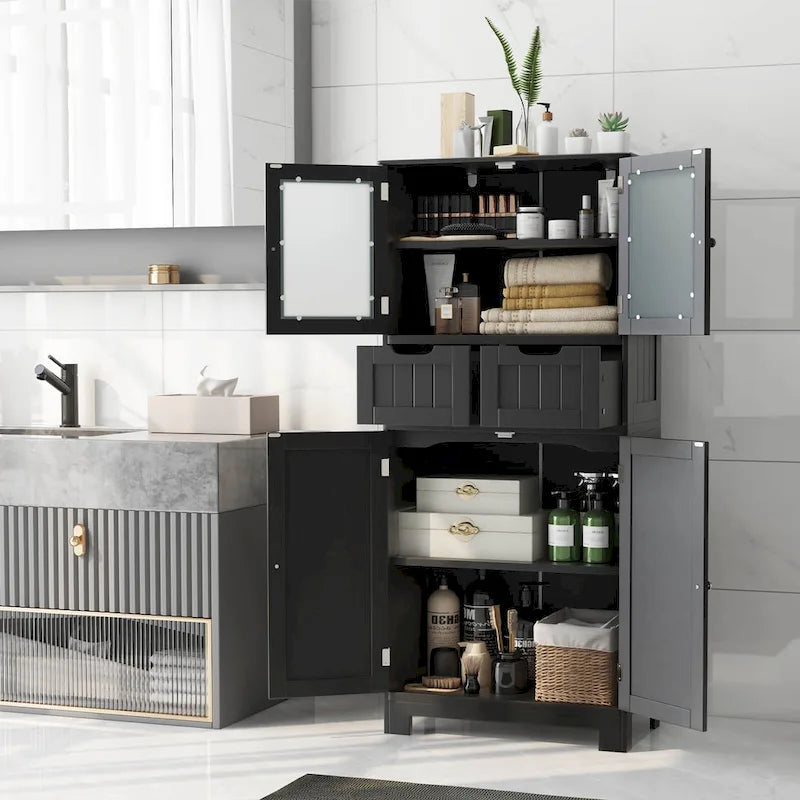 Armadietto a terra a 4 ante bianco/grigio/nero con 2 cassetti e ante in vetro, singolo