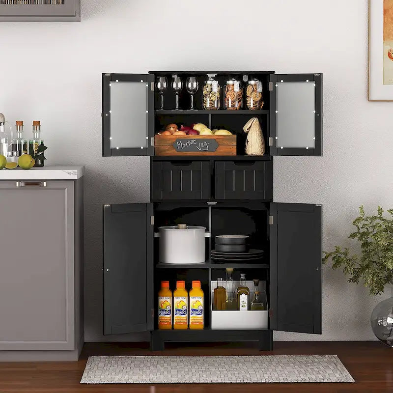 Armadietto a terra a 4 ante bianco/grigio/nero con 2 cassetti e ante in vetro, singolo