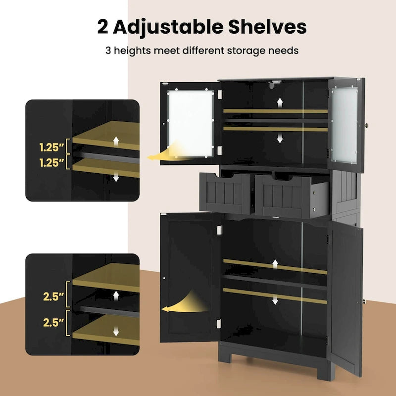 Armadietto a terra a 4 ante bianco/grigio/nero con 2 cassetti e ante in vetro, singolo