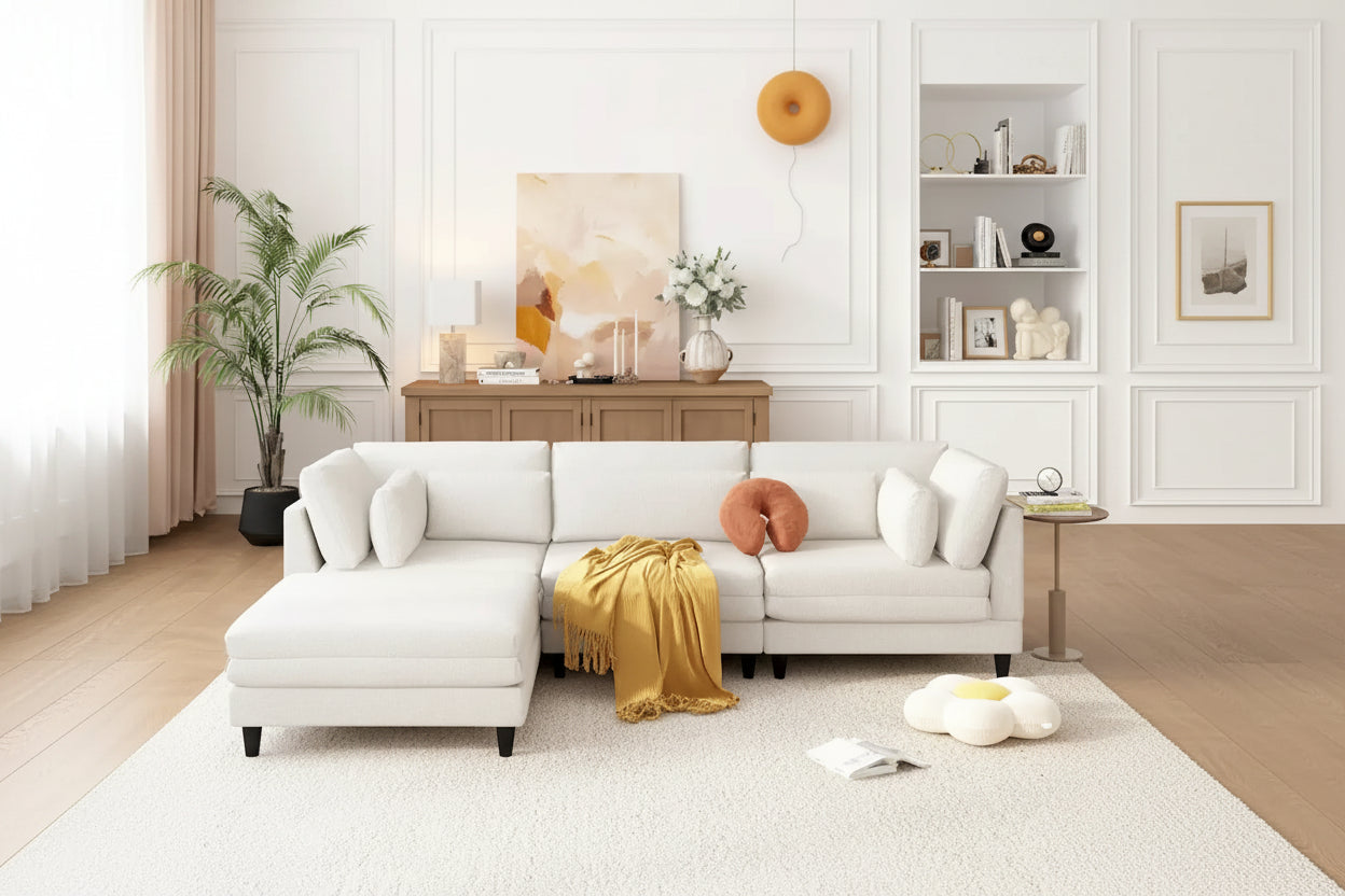 Divano sezionale a L beige con pouf, 4 posti a sedere