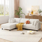 Divano sezionale a L beige con pouf, 4 posti a sedere