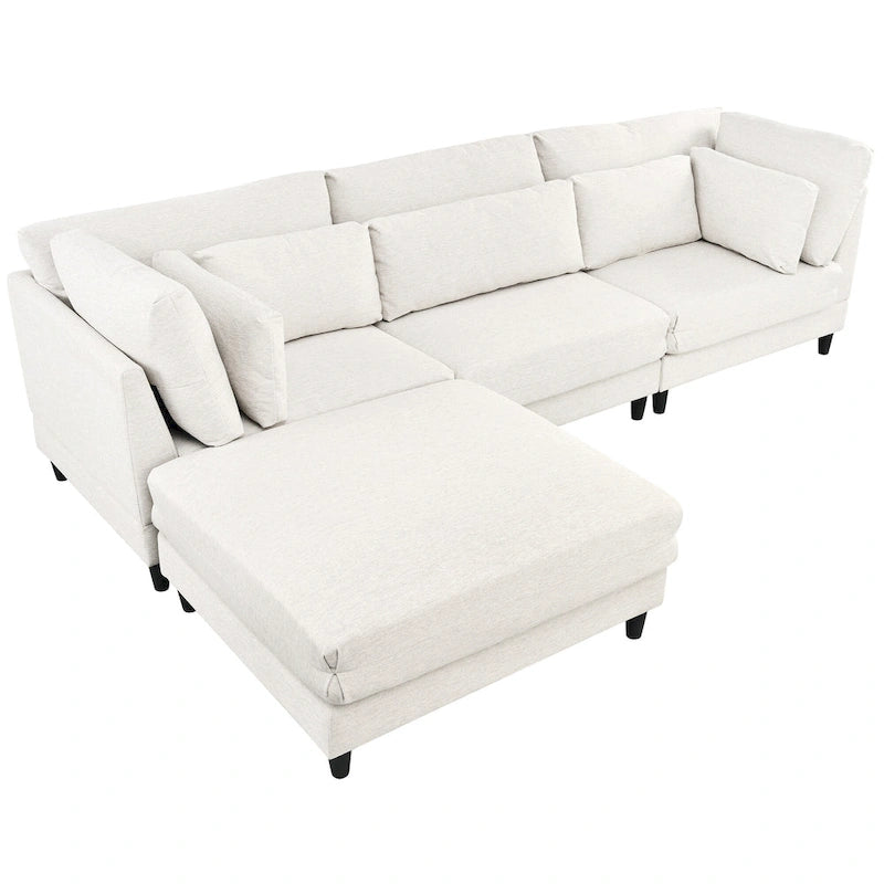 Divano sezionale a L beige con pouf, 4 posti a sedere