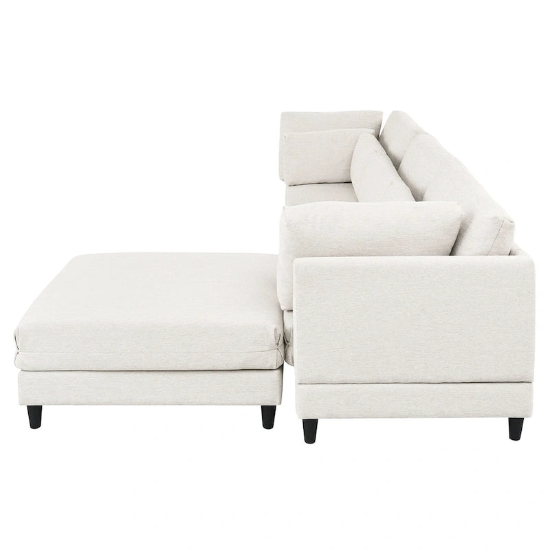 Divano sezionale a L beige con pouf, 4 posti a sedere