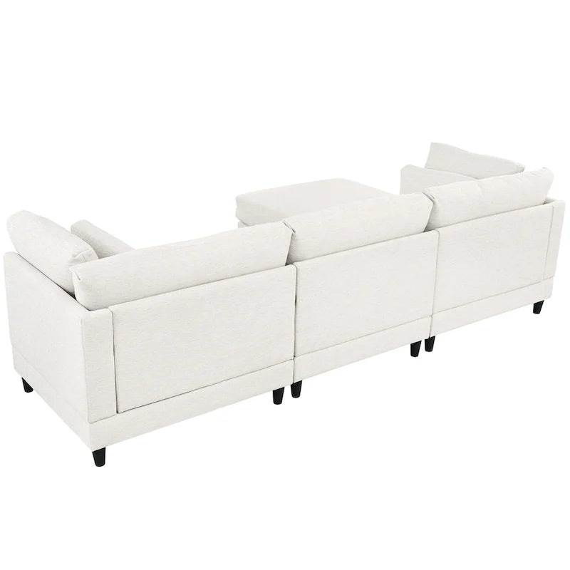 Divano sezionale a L beige con pouf, 4 posti a sedere
