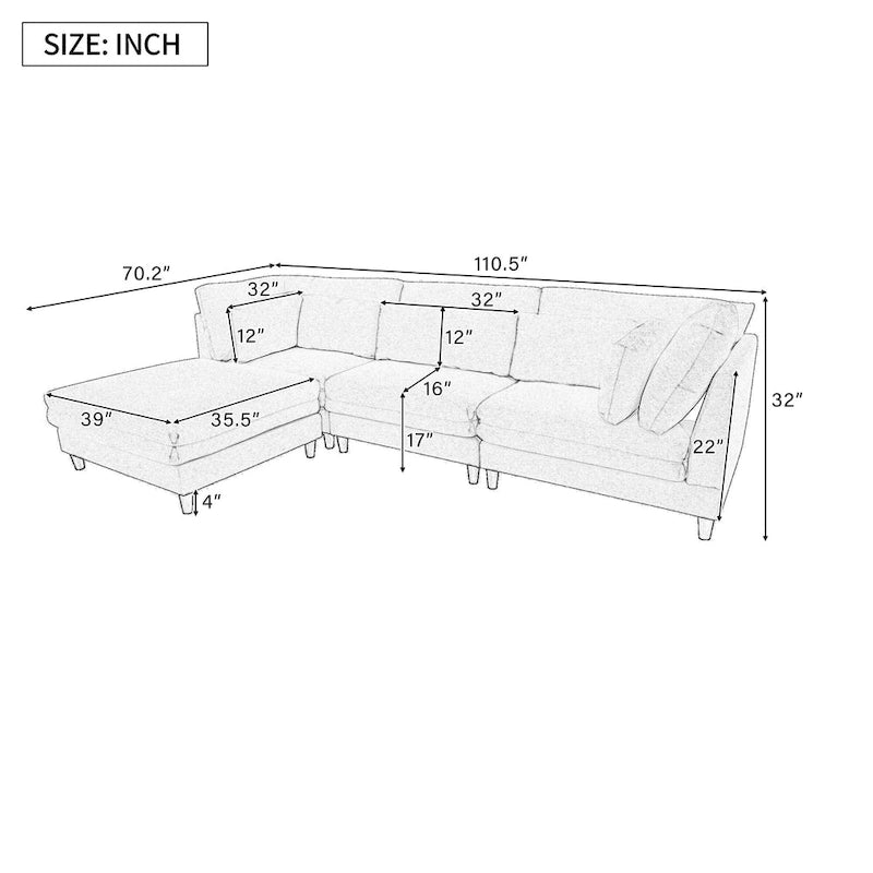 Divano sezionale a L beige con pouf, 4 posti a sedere