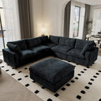 Divano Sezionale Modulare Nero / Marrone Chiaro / Beige, a L, 5 posti + Pouf, Fino a 6 Persone