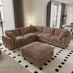 Divano Sezionale Modulare Nero / Marrone Chiaro / Beige, a L, 5 posti + Pouf, Fino a 6 Persone