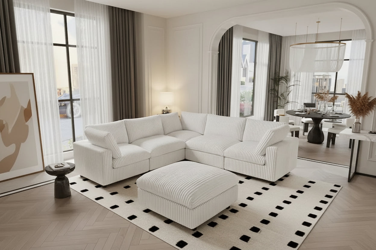 Divano Sezionale Modulare Nero / Marrone Chiaro / Beige, a L, 5 posti + Pouf, Fino a 6 Persone