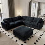 Divano Sezionale Modulare Nero / Marrone Chiaro / Beige, a L, 5 posti + Pouf, Fino a 6 Persone