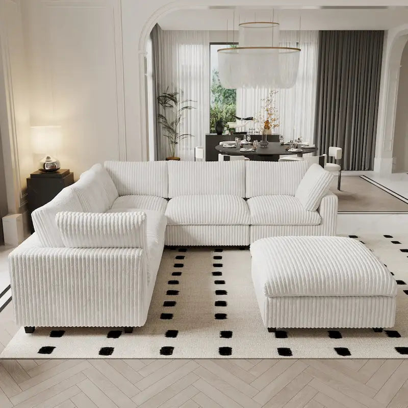 Divano Sezionale Modulare Nero / Marrone Chiaro / Beige, a L, 5 posti + Pouf, Fino a 6 Persone