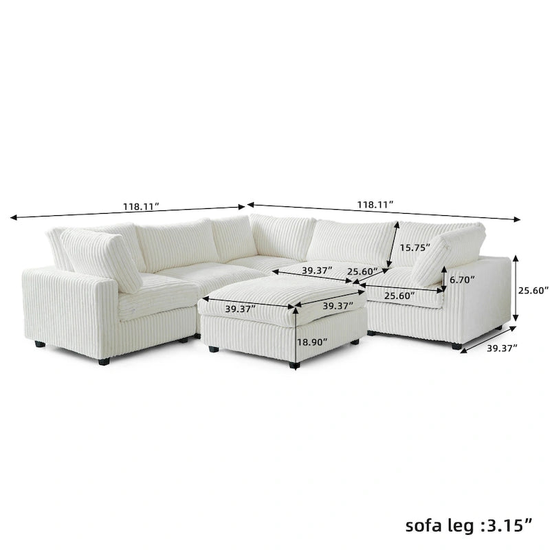Divano Sezionale Modulare Nero / Marrone Chiaro / Beige, a L, 5 posti + Pouf, Fino a 6 Persone