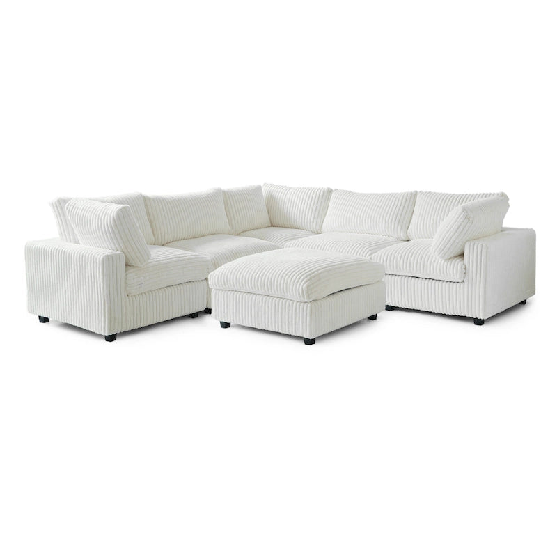 Divano Sezionale Modulare Nero / Marrone Chiaro / Beige, a L, 5 posti + Pouf, Fino a 6 Persone