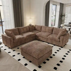 Divano Sezionale Modulare Nero / Marrone Chiaro / Beige, a L, 5 posti + Pouf, Fino a 6 Persone