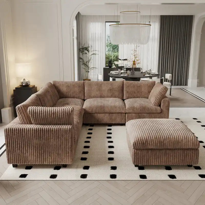 Divano Sezionale Modulare Nero / Marrone Chiaro / Beige, a L, 5 posti + Pouf, Fino a 6 Persone