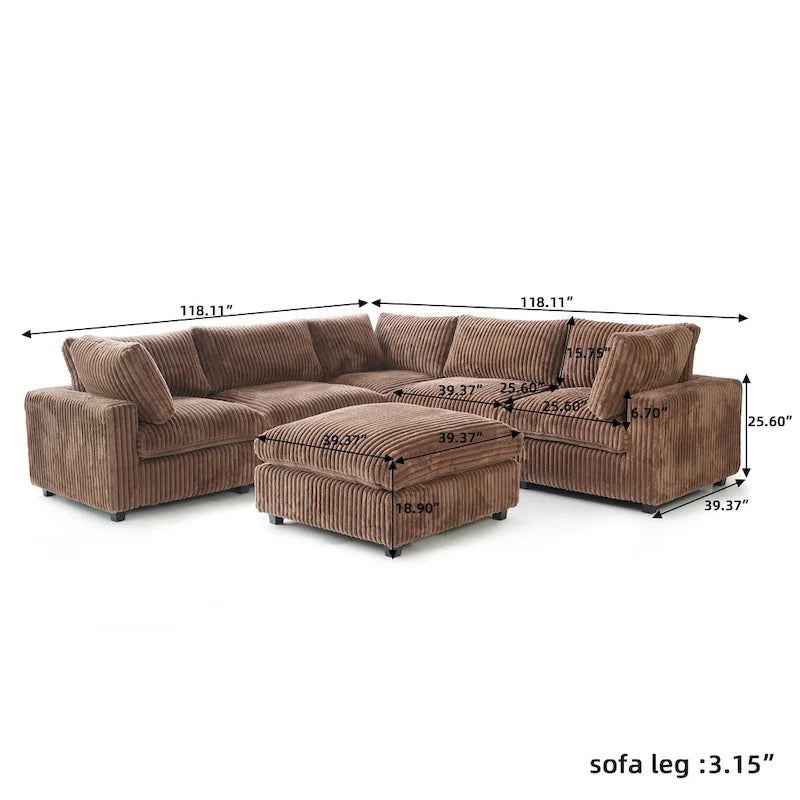 Divano Sezionale Modulare Nero / Marrone Chiaro / Beige, a L, 5 posti + Pouf, Fino a 6 Persone
