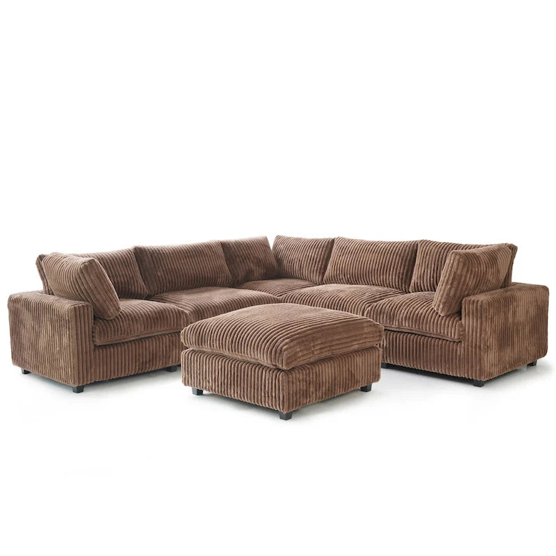 Divano Sezionale Modulare Nero / Marrone Chiaro / Beige, a L, 5 posti + Pouf, Fino a 6 Persone