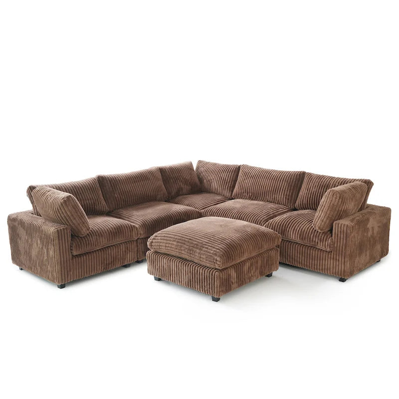 Divano Sezionale Modulare Nero / Marrone Chiaro / Beige, a L, 5 posti + Pouf, Fino a 6 Persone