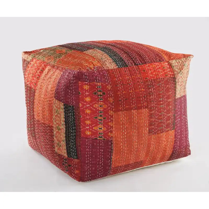 Pouf Ottomano Patchwork Quadrato Rosso, Misto Cotone-Seta, 1 Posto a Sedere