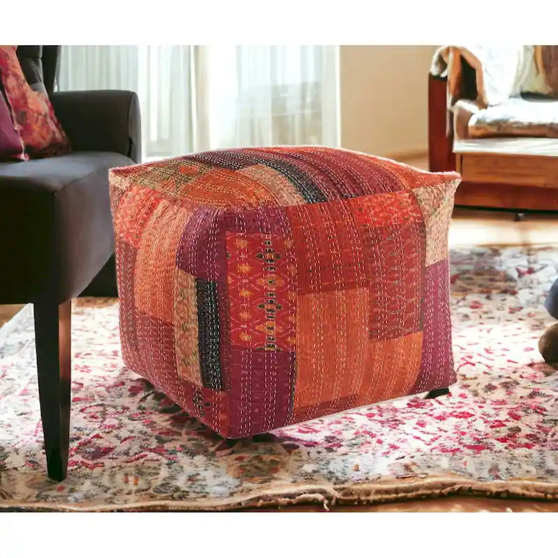 Pouf Ottomano Patchwork Quadrato Rosso, Misto Cotone-Seta, 1 Posto a Sedere