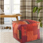 Pouf Ottomano Patchwork Quadrato Rosso, Misto Cotone-Seta, 1 Posto a Sedere