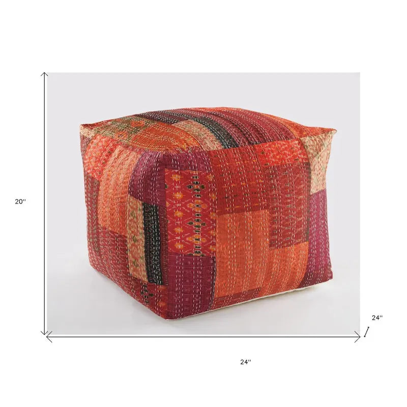 Pouf Ottomano Patchwork Quadrato Rosso, Misto Cotone-Seta, 1 Posto a Sedere