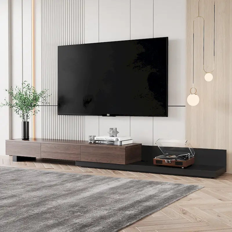 Mobile TV allungabile nero e noce con 3 cassetti, adatto a 1-2 utenti