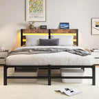 Letto Matrimoniale in Metallo Beige e Marrone con Testiera in Legno, Luci RGB e Ripiano Portaoggetti USB