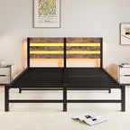 Letto Matrimoniale in Metallo Beige e Marrone con Testiera in Legno, Luci RGB e Ripiano Portaoggetti USB