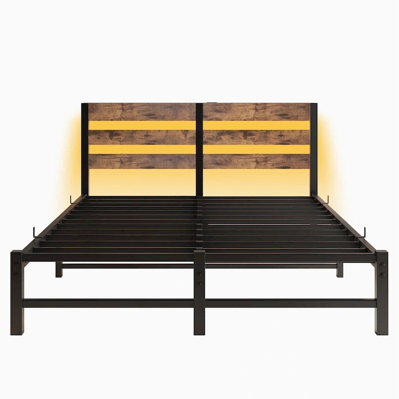 Letto Matrimoniale in Metallo Beige e Marrone con Testiera in Legno, Luci RGB e Ripiano Portaoggetti USB