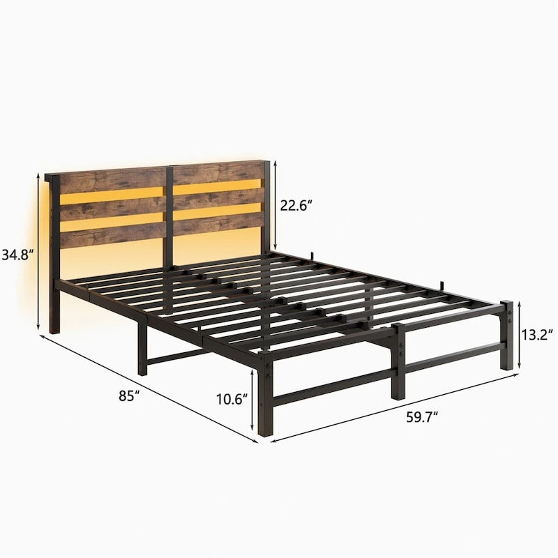 Letto Matrimoniale in Metallo Beige e Marrone con Testiera in Legno, Luci RGB e Ripiano Portaoggetti USB