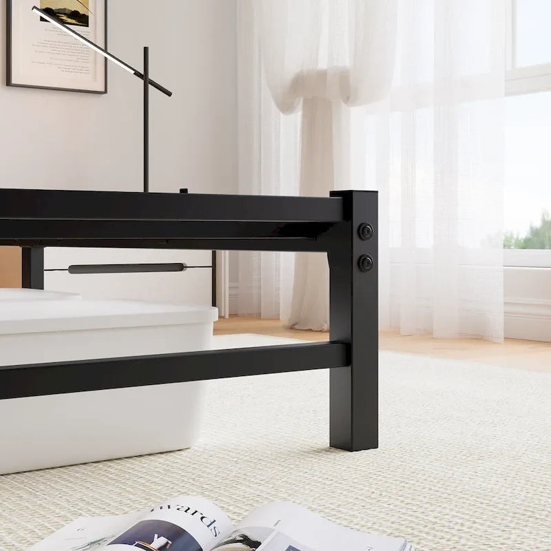 Struttura letto matrimoniale in metallo nero con testiera in legno, luci RGB, per 2 persone