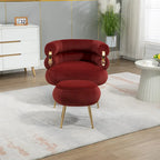 Poltrona a barilotto in velluto rosso vino con pouf, seduta singola, gambe in metallo