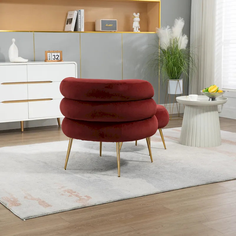Poltrona a barilotto in velluto rosso vino con pouf, seduta singola, gambe in metallo