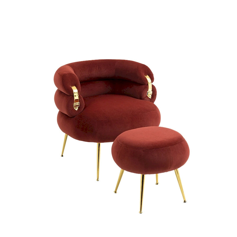 Poltrona a barilotto in velluto rosso vino con pouf, seduta singola, gambe in metallo