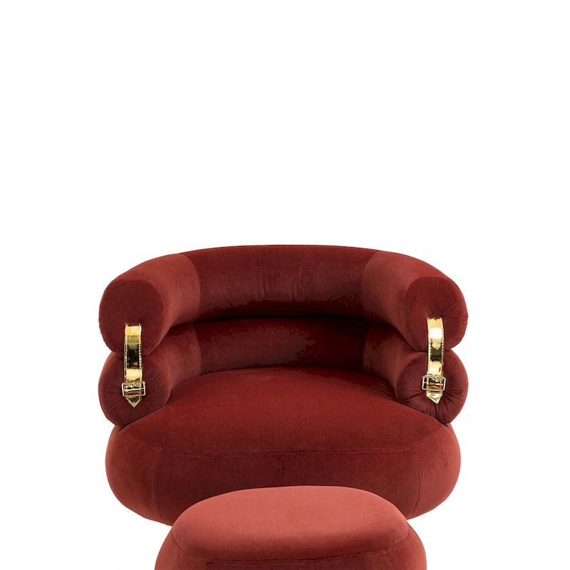 Poltrona a barilotto in velluto rosso vino con pouf, seduta singola, gambe in metallo