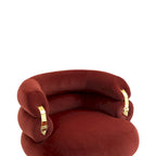 Poltrona a barilotto in velluto rosso vino con pouf, seduta singola, gambe in metallo