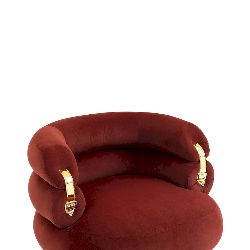 Poltrona a barilotto in velluto rosso vino con pouf, seduta singola, gambe in metallo