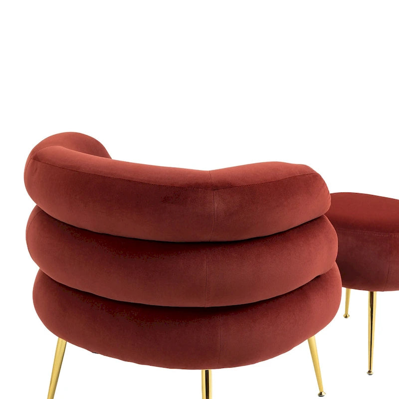 Poltrona a barilotto in velluto rosso vino con pouf, seduta singola, gambe in metallo