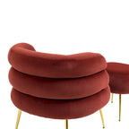 Poltrona a barilotto in velluto rosso vino con pouf, seduta singola, gambe in metallo