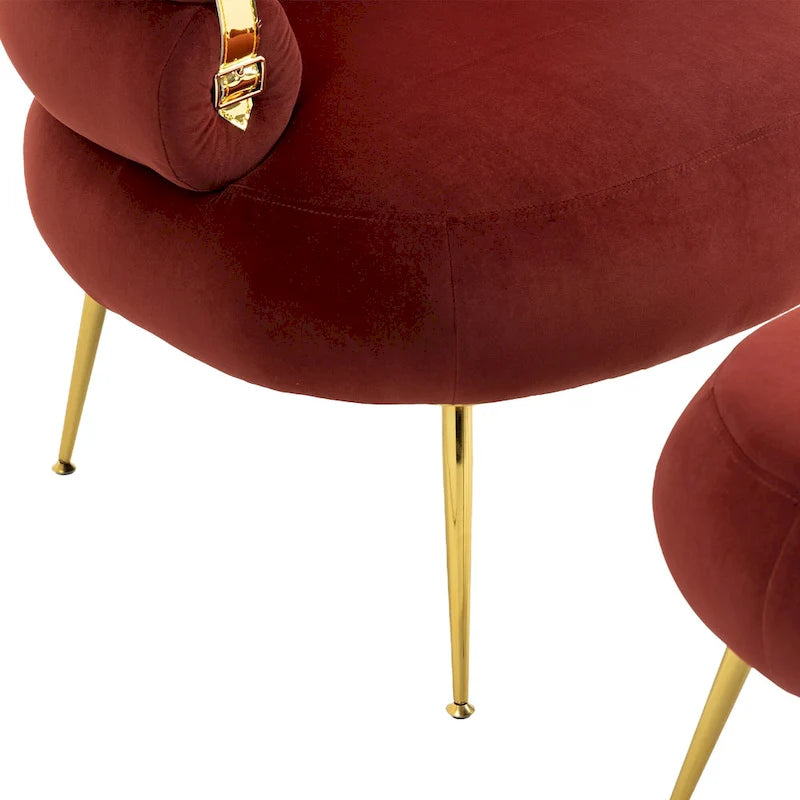 Poltrona a barilotto in velluto rosso vino con pouf, seduta singola, gambe in metallo